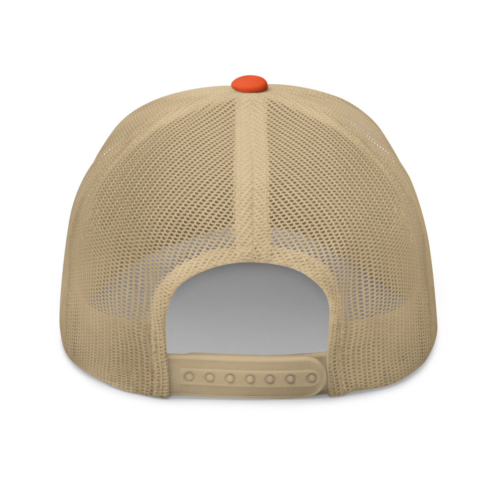 Beige mesh cap with a orange button on a white background