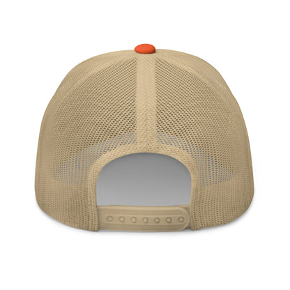 Beige mesh cap with a orange button on a white background