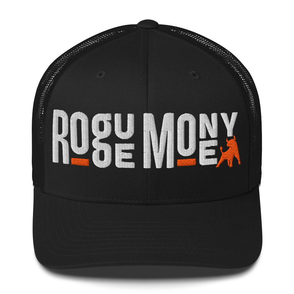 Black cap with white text 'rogue money' and orange logo on a white background