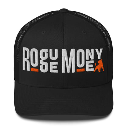 Black cap with white text 'rogue money' and orange logo on a white background