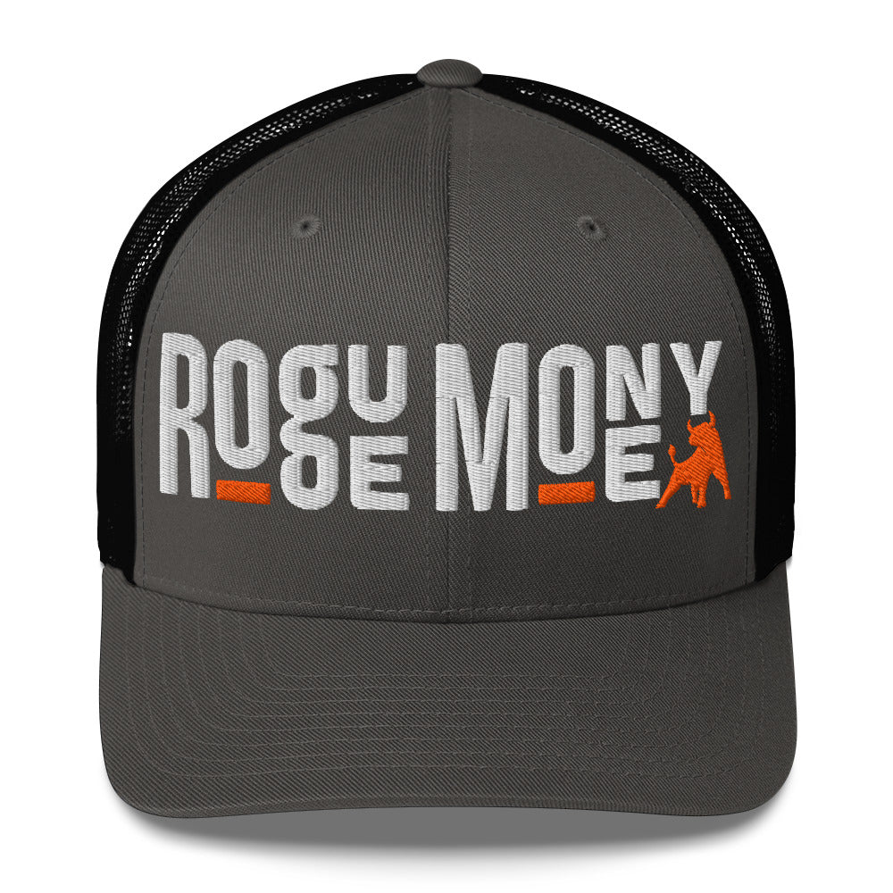 Black trucker cap with 'Rogue Money' text and logo on a white background
