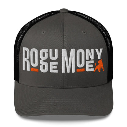Black trucker cap with 'Rogue Money' text and logo on a white background