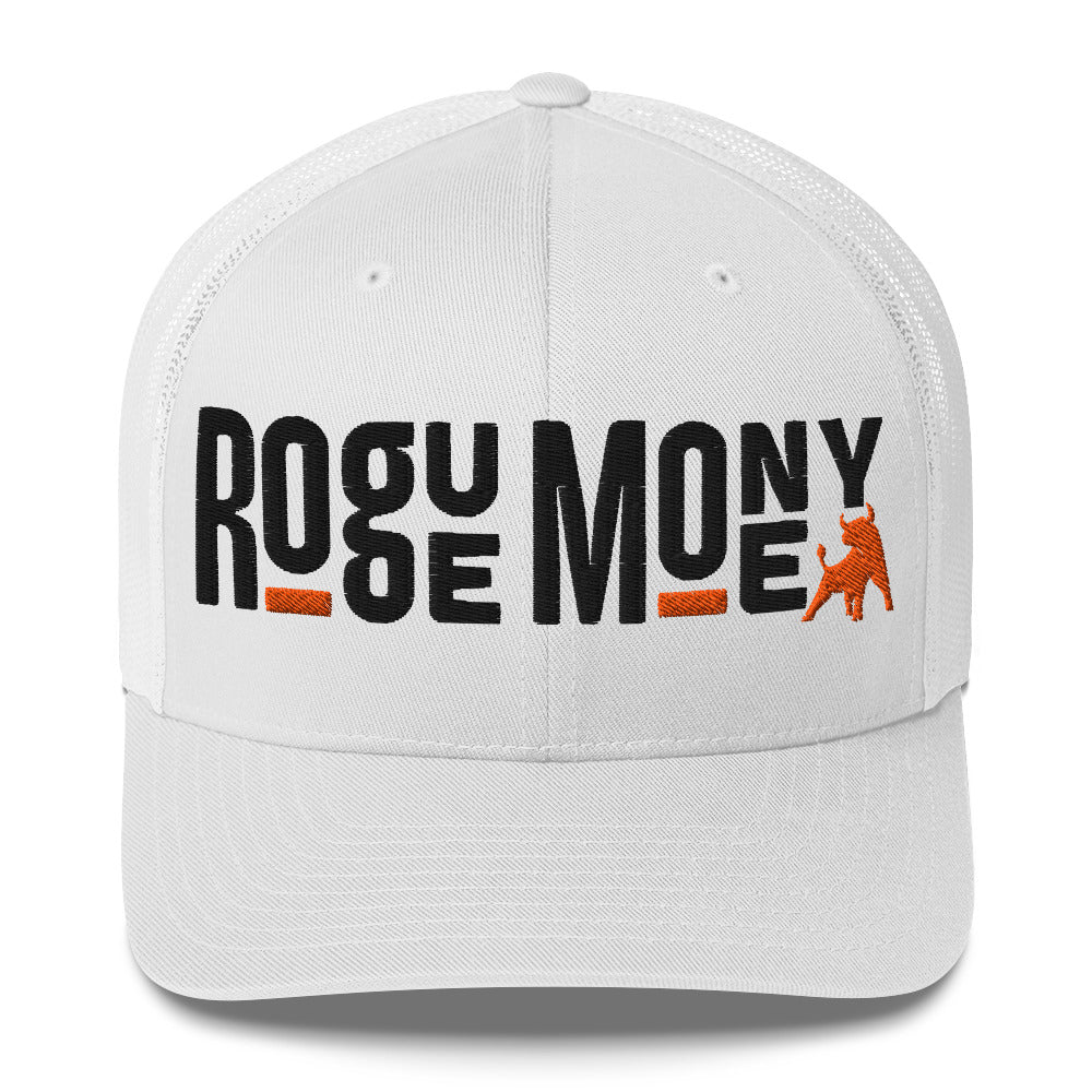 White cap with black text 'rogue money' and orange bull illustration on a white background