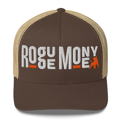 Brown and beige cap with 'Rogue Money' text and logo on a white background
