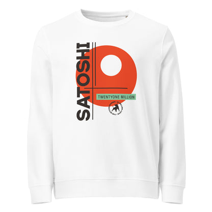 White sweatshirt with a red and black satoshi 21 million graphic design on a white background