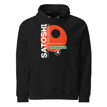 Black hoodie with a graphic design featuring the name 'Satoshi' and a circular logo on a white background.