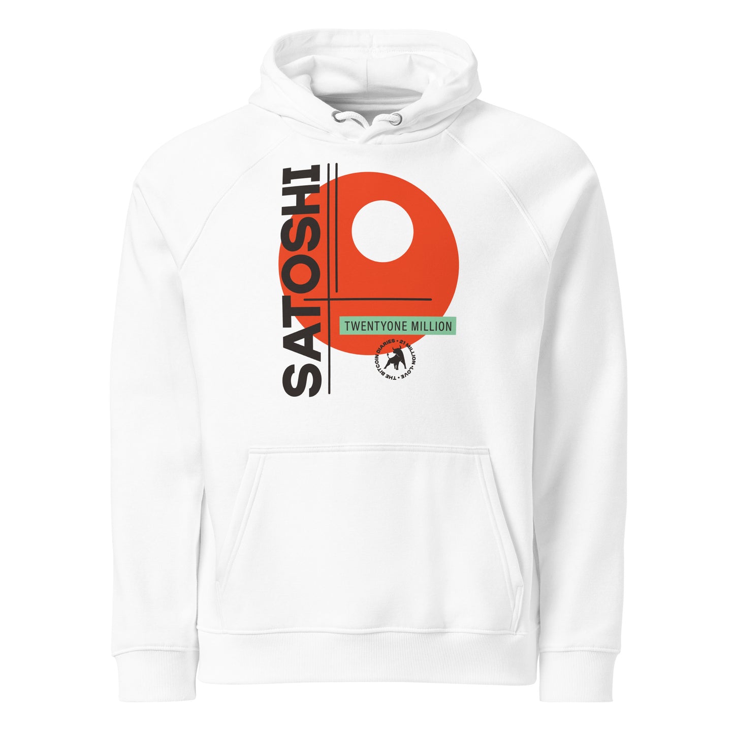White hoodie with a graphic design featuring the word 'Satoshi' on a white background