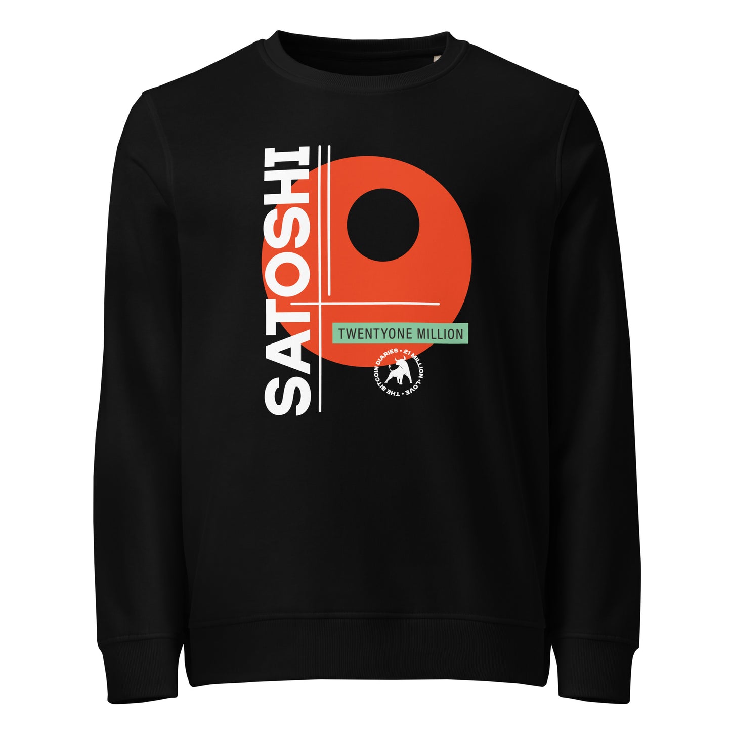 Black sweatshirt with red and white satoshi 21 million graphic design on a white background