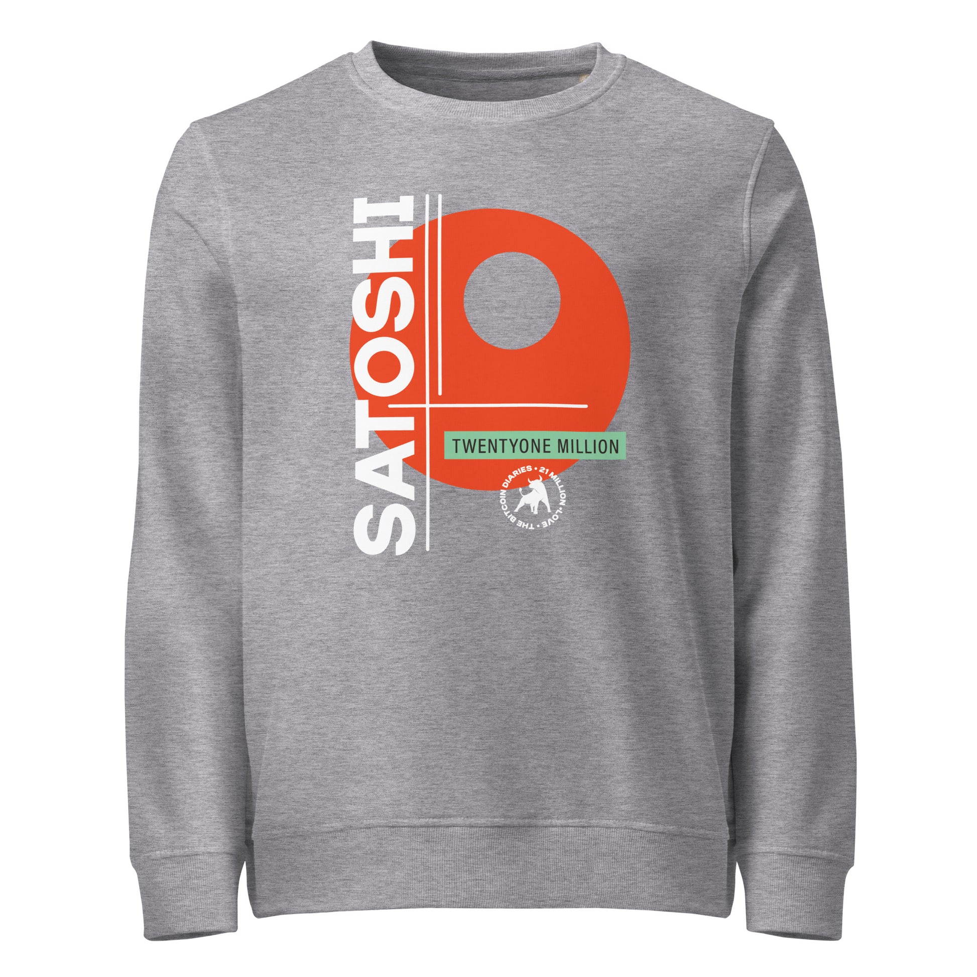 Gray sweatshirt with a red and white satoshi 21 million graphic design on a white background