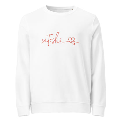 White sweatshirt with orange satoshi text and heart design on a white background