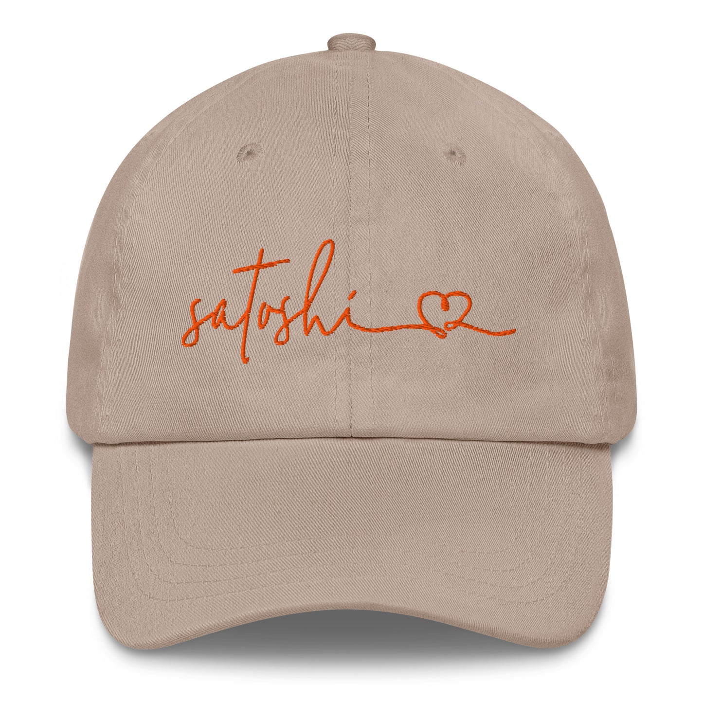 Beige cap with 'satoshi' and a heart embroidered in orange on a white background