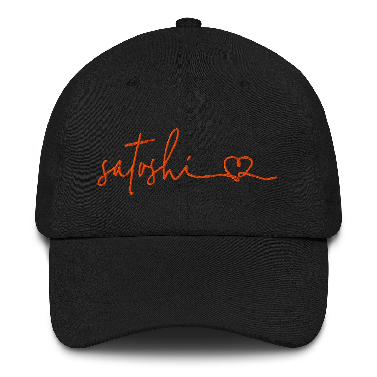 Black cap with 'satoshi' and a heart symbol embroidered in orange on a white background