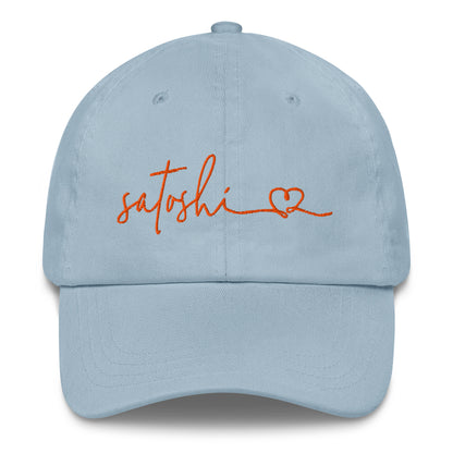 Light blue cap with 'satoshi love' embroidered in orange on a white background