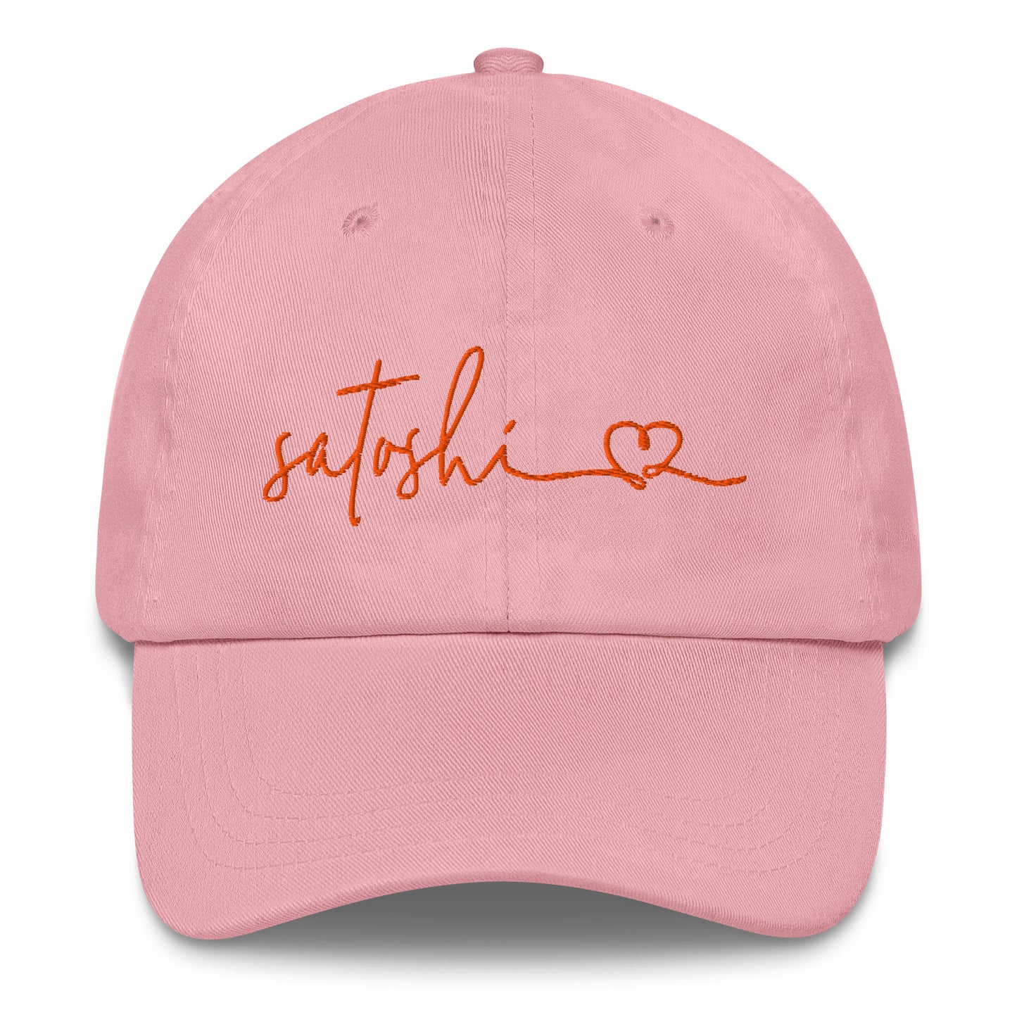 Pink cap with 'satoshi' and a heart embroidered in orange on a white background