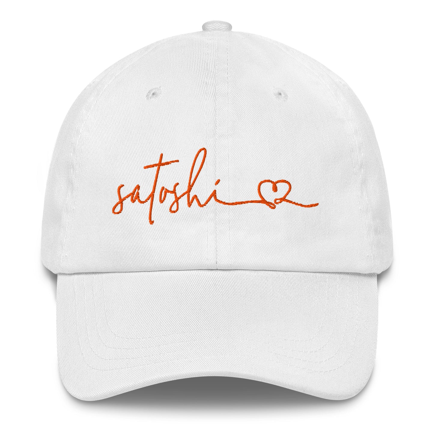 White cap with 'satoshi' embroidered in orange on a white background
