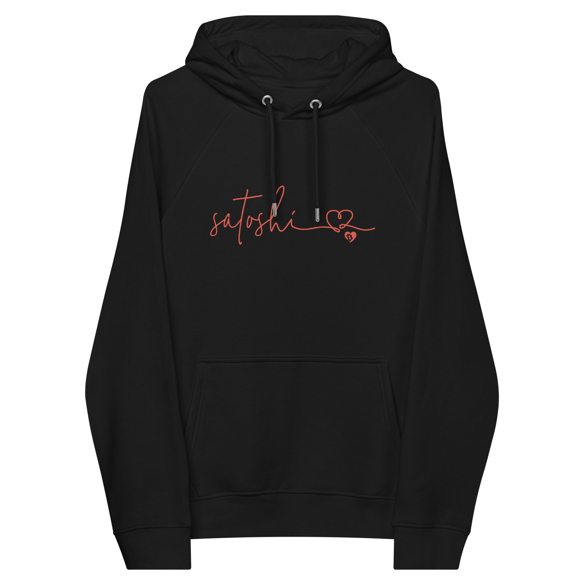 Black hoodie with orange satoshi text and heart design on a white background