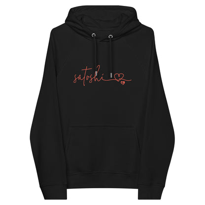Black hoodie with orange satoshi text and heart design on a white background