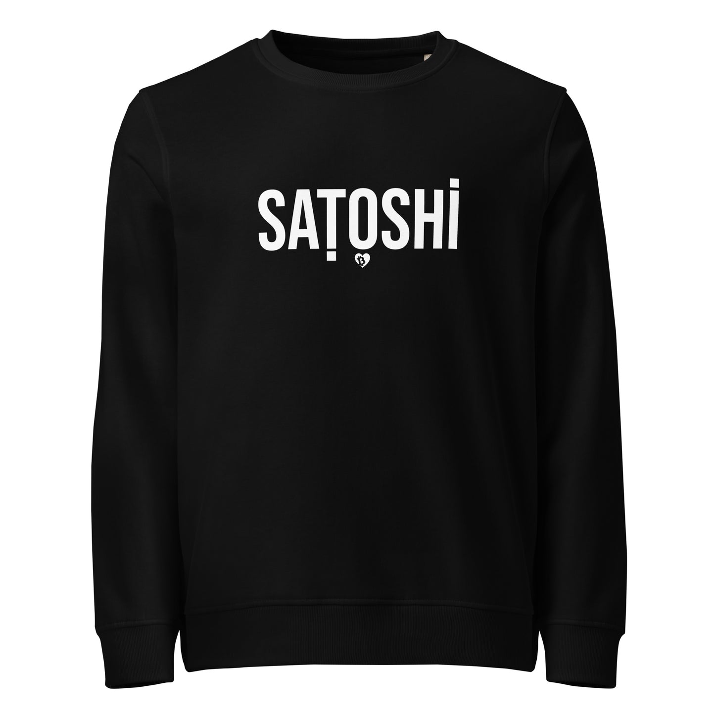 Black sweatshirt with 'Satoshi' printed in white on a white background