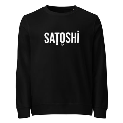 Black sweatshirt with 'Satoshi' printed in white on a white background