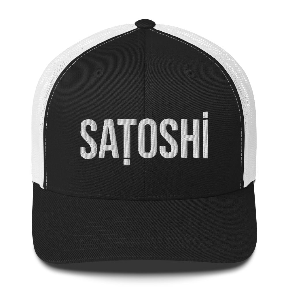 Black and white cap with 'Satoshi' text on a white background