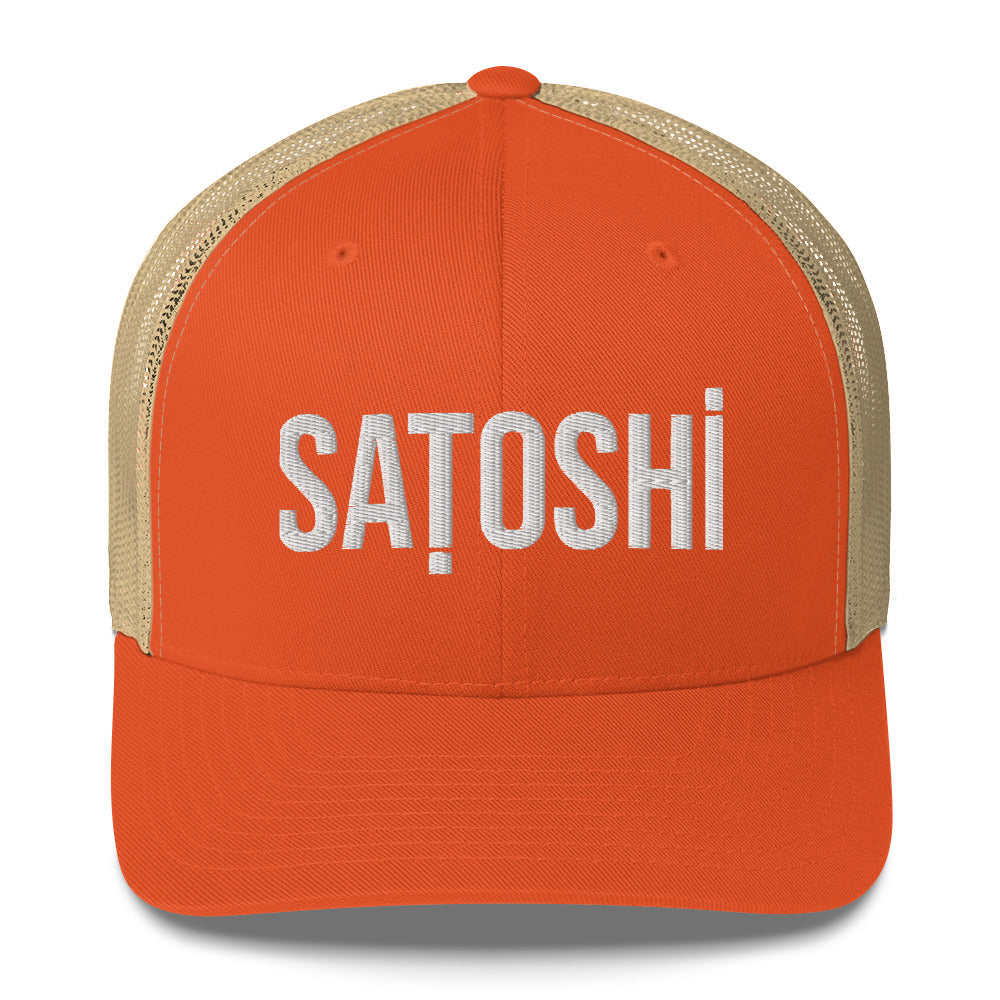 Orange cap with 'Satoshi' text on a white background