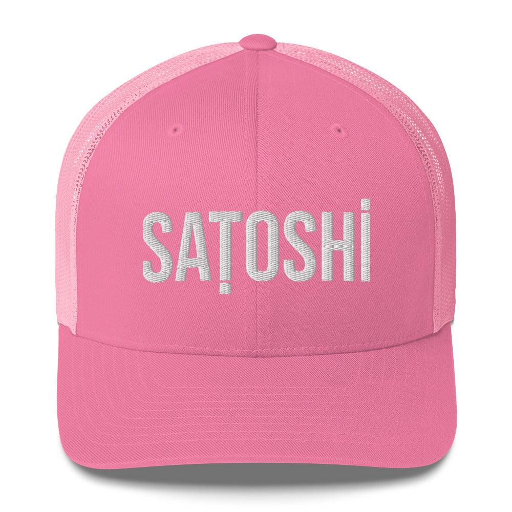 Pink cap with 'Satoshi' text on a white background