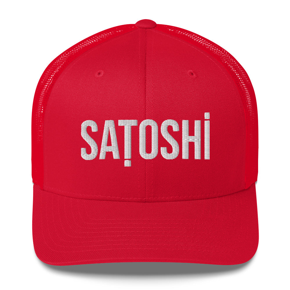 Red cap with 'Satoshi' text on a white background