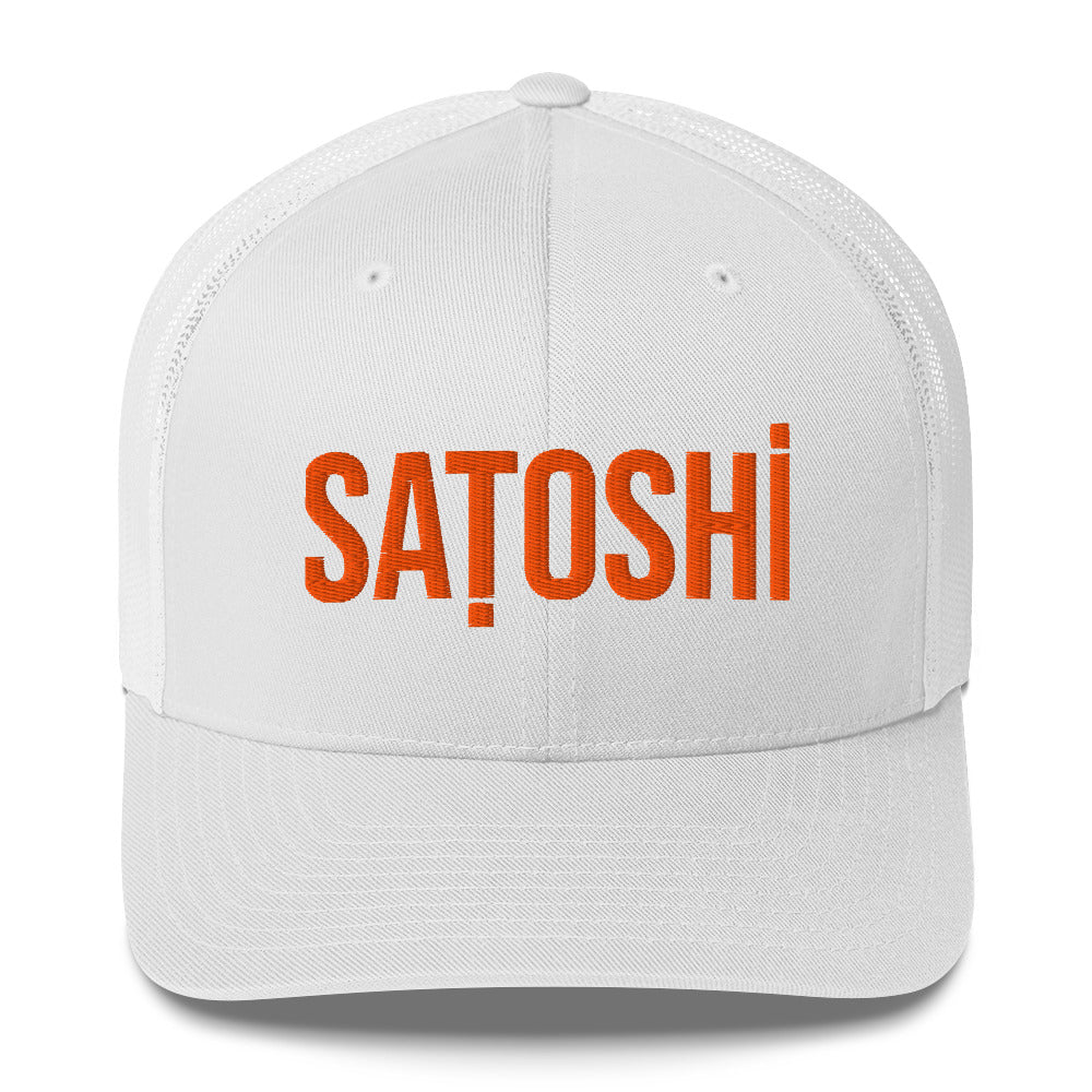 White cap with 'Satoshi' in orange text on a white background