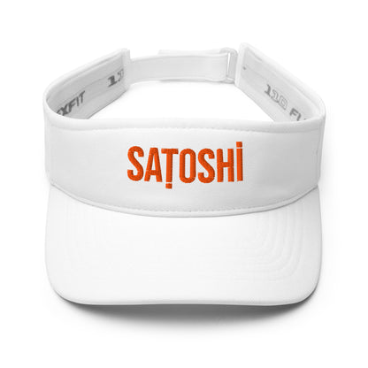 White visor with 'Satoshi' text on a white background