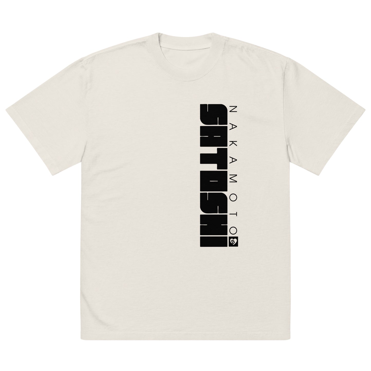 White t-shirt with black satoshi nakamoto text design on a white background