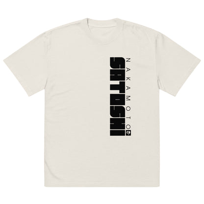 White t-shirt with black satoshi nakamoto text design on a white background