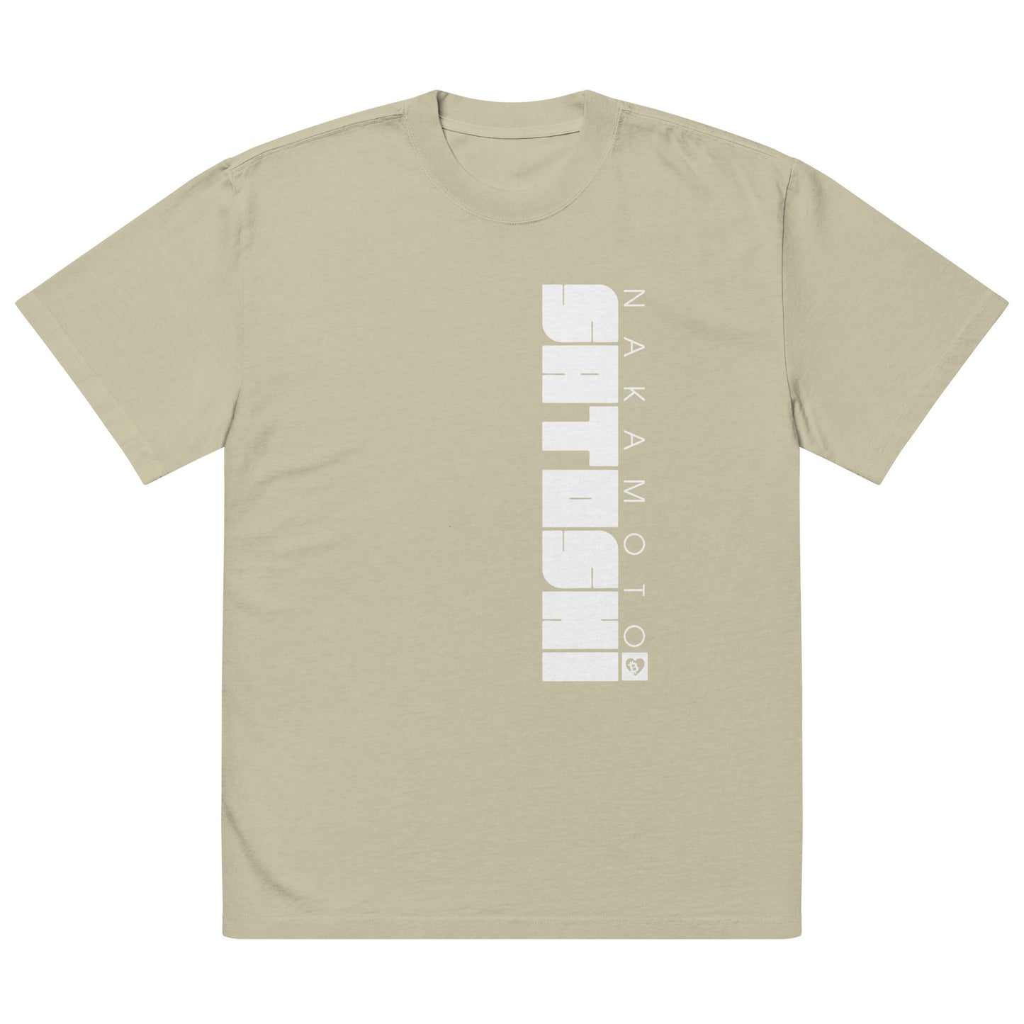 Beige t-shirt with white satoshi nakamoto text on a white background