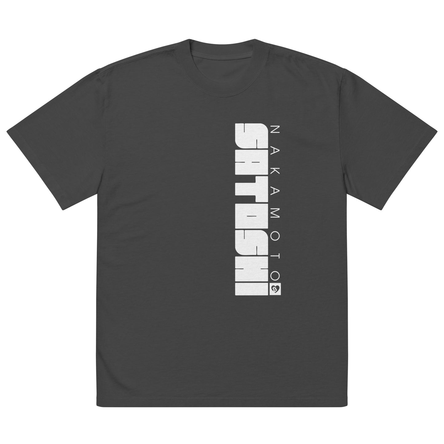 Black t-shirt with white satoshi. nakamoto text on a white background