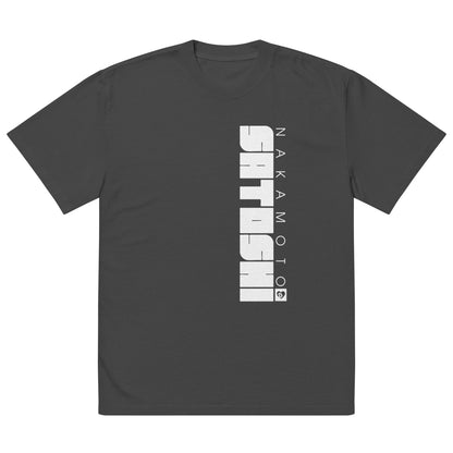 Black t-shirt with white satoshi. nakamoto text on a white background