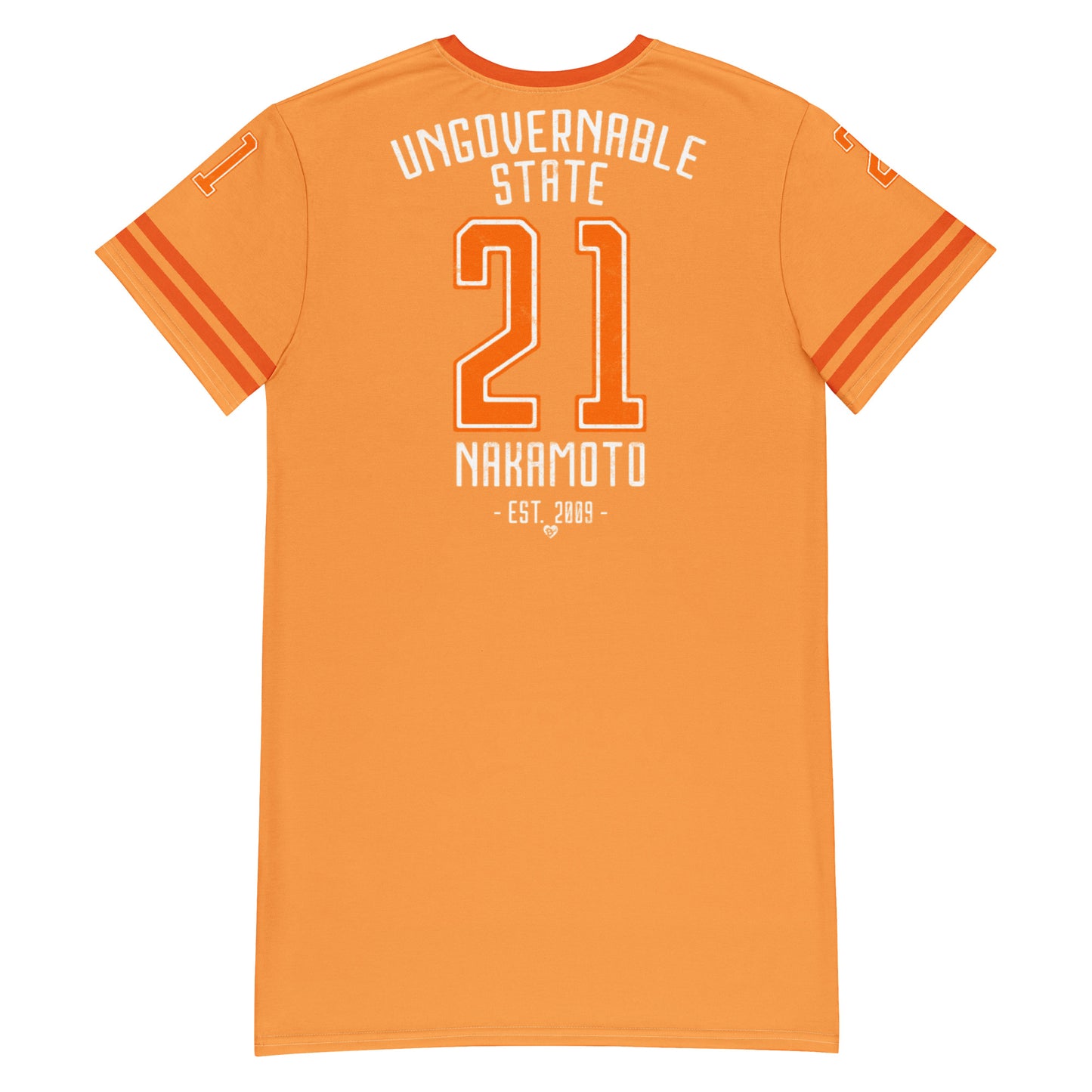 Orange t-shirt with 21 nakamoto ungovernable state  text on the back on a white background