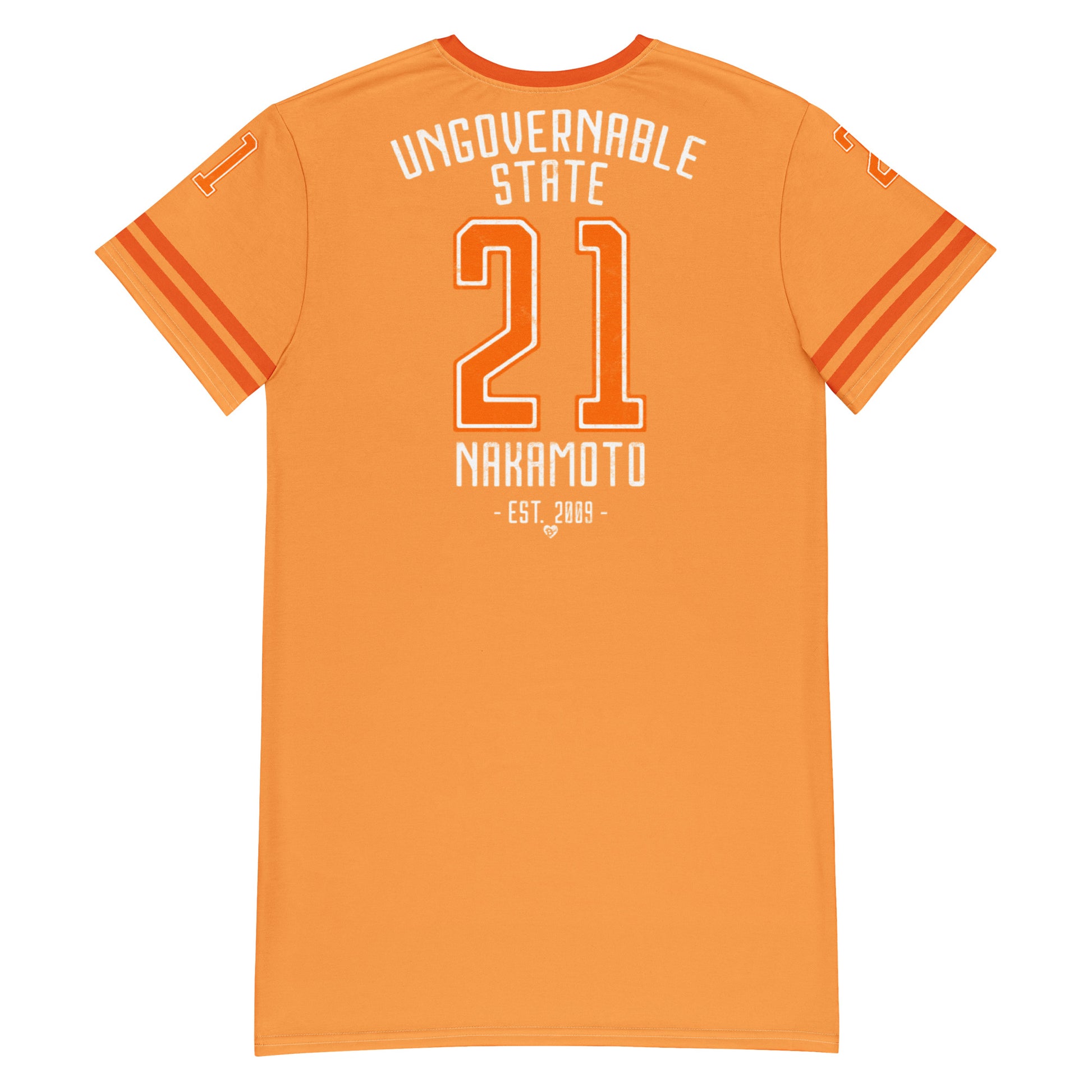 Orange t-shirt with 21 nakamoto ungovernable state  text on the back on a white background