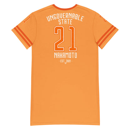 Orange t-shirt with 21 nakamoto ungovernable state  text on the back on a white background