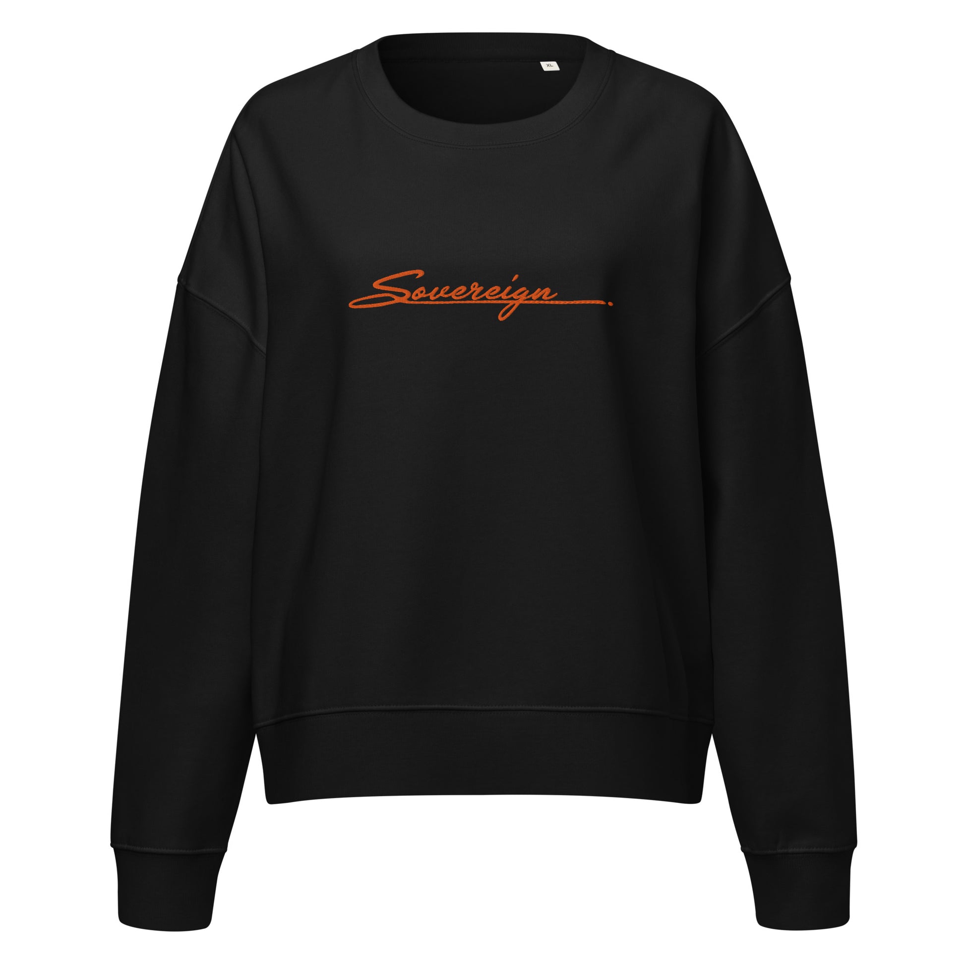 Black sweatshirt with 'Sovereign' logo on a white background