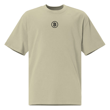 Beige t-shirt with Bitcoin logo on a white background