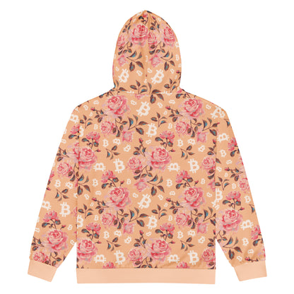 Floral bitcoin patterned hoodie on a white background