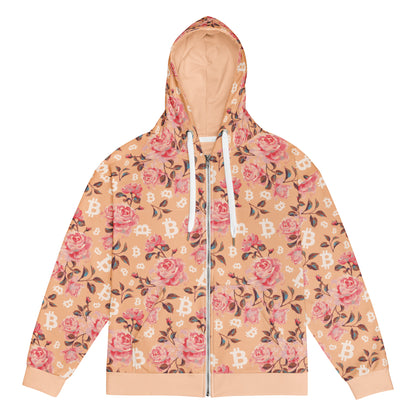 Floral-patterned bitcoin hoodie with a peach background