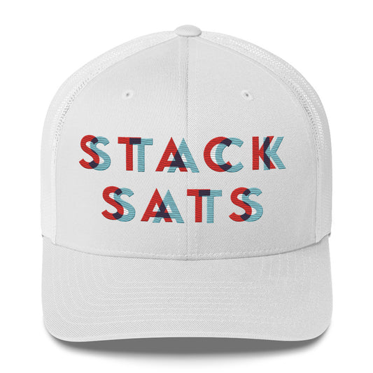White cap with colorful 3D glasses stack sats text on a white background
