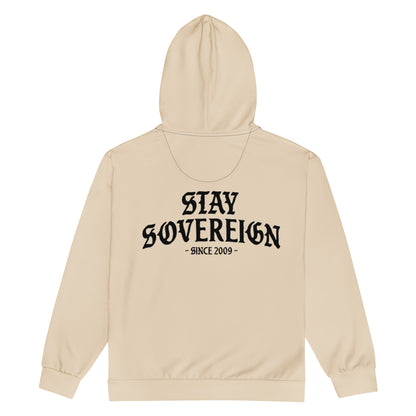 Beige hoodie with 'Stay Sovereign Since 2009' text on the back against a white background