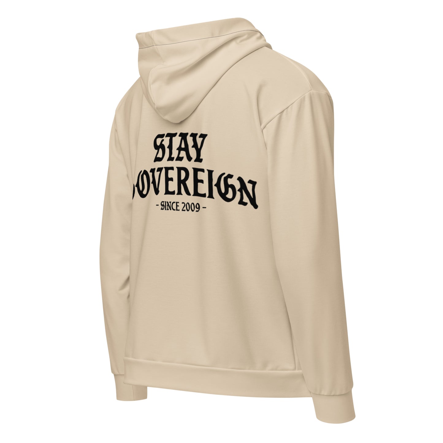 Beige hoodie with 'Stay Sovereign Since 2009' text on a white background