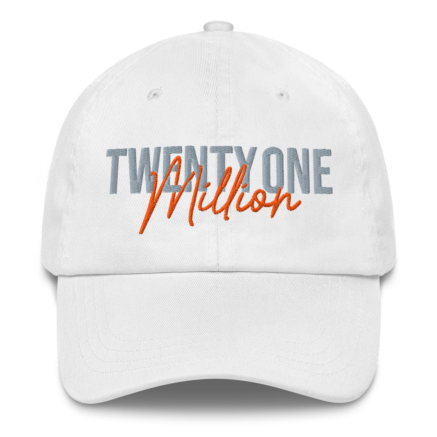 White cap with 'TWENTY ONE MILLION' text in gray and orange on a white background