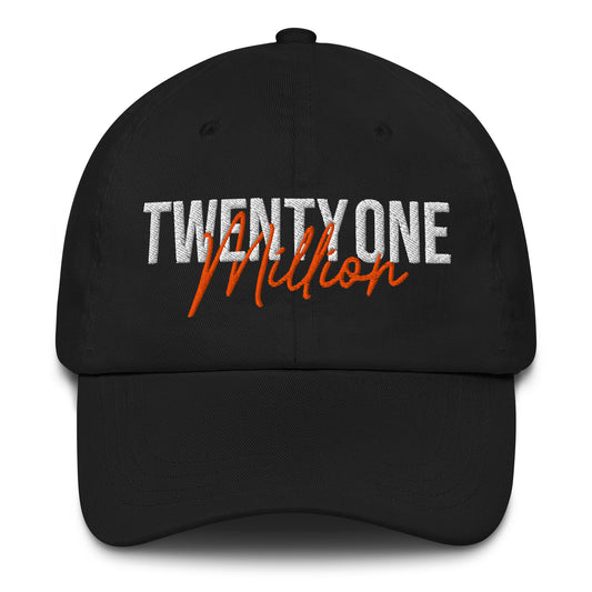 Black cap with 'TWENTY ONE MILLION' text on a white background