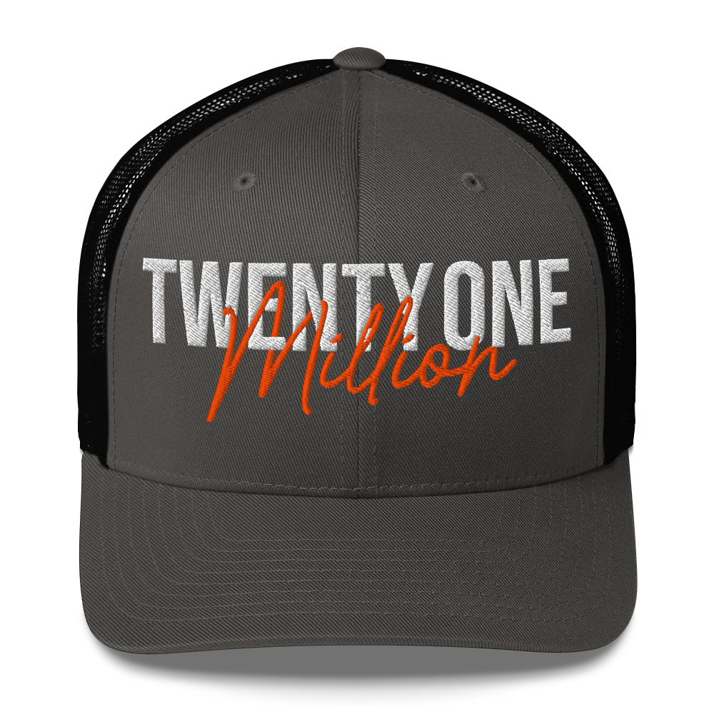 Black cap with 'TWENTY ONE MILLION' text in white and red on a white background