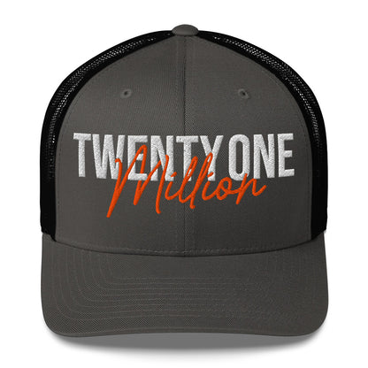 Black cap with 'TWENTY ONE MILLION' text in white and red on a white background