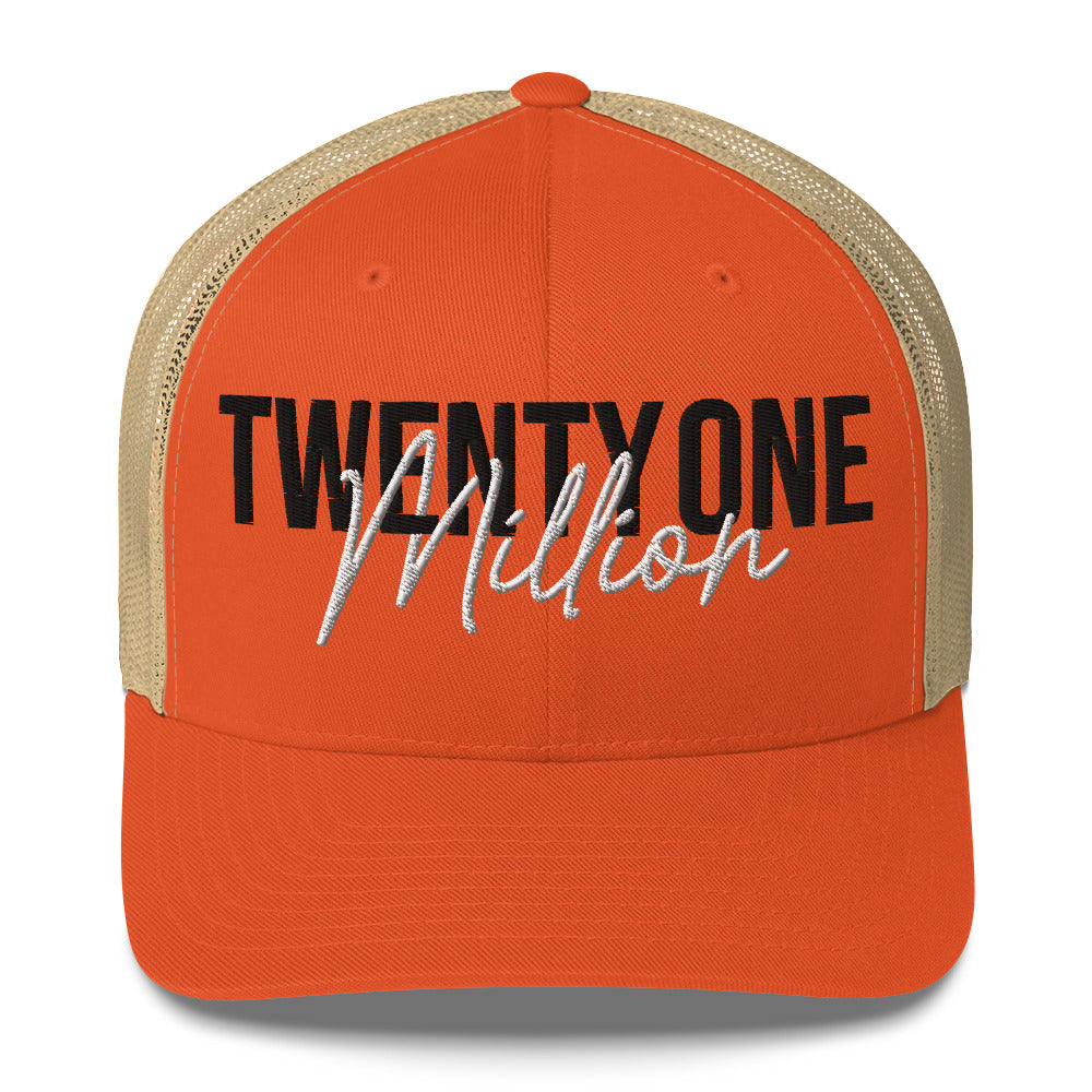 Orange cap with 'TWENTY ONE MILLION' text on a white background