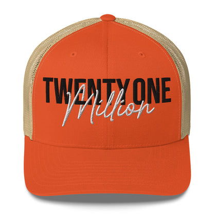 Orange cap with 'TWENTY ONE MILLION' text on a white background